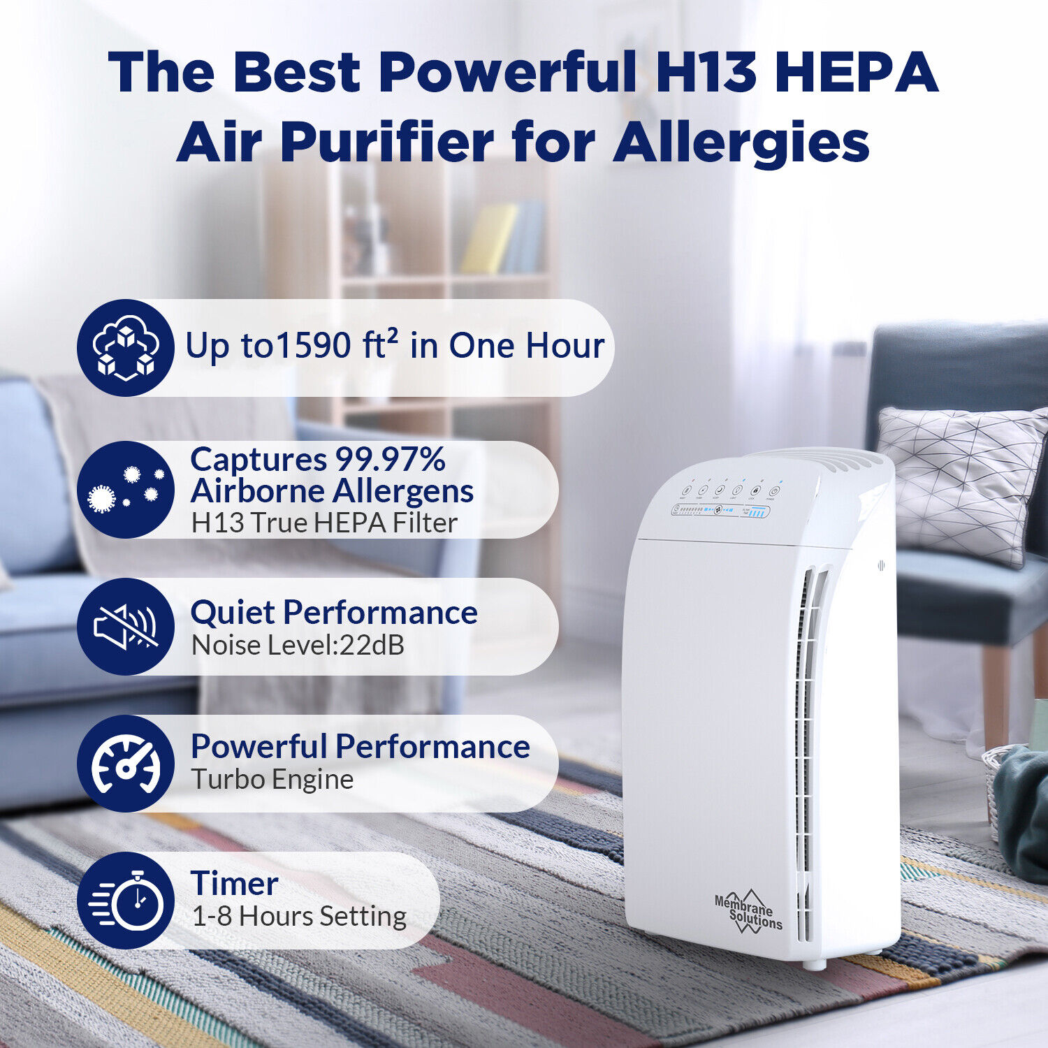 Home Large Room Air Purifier H13 Medical HEPA Air Cleaner for Allergies Pet Odor