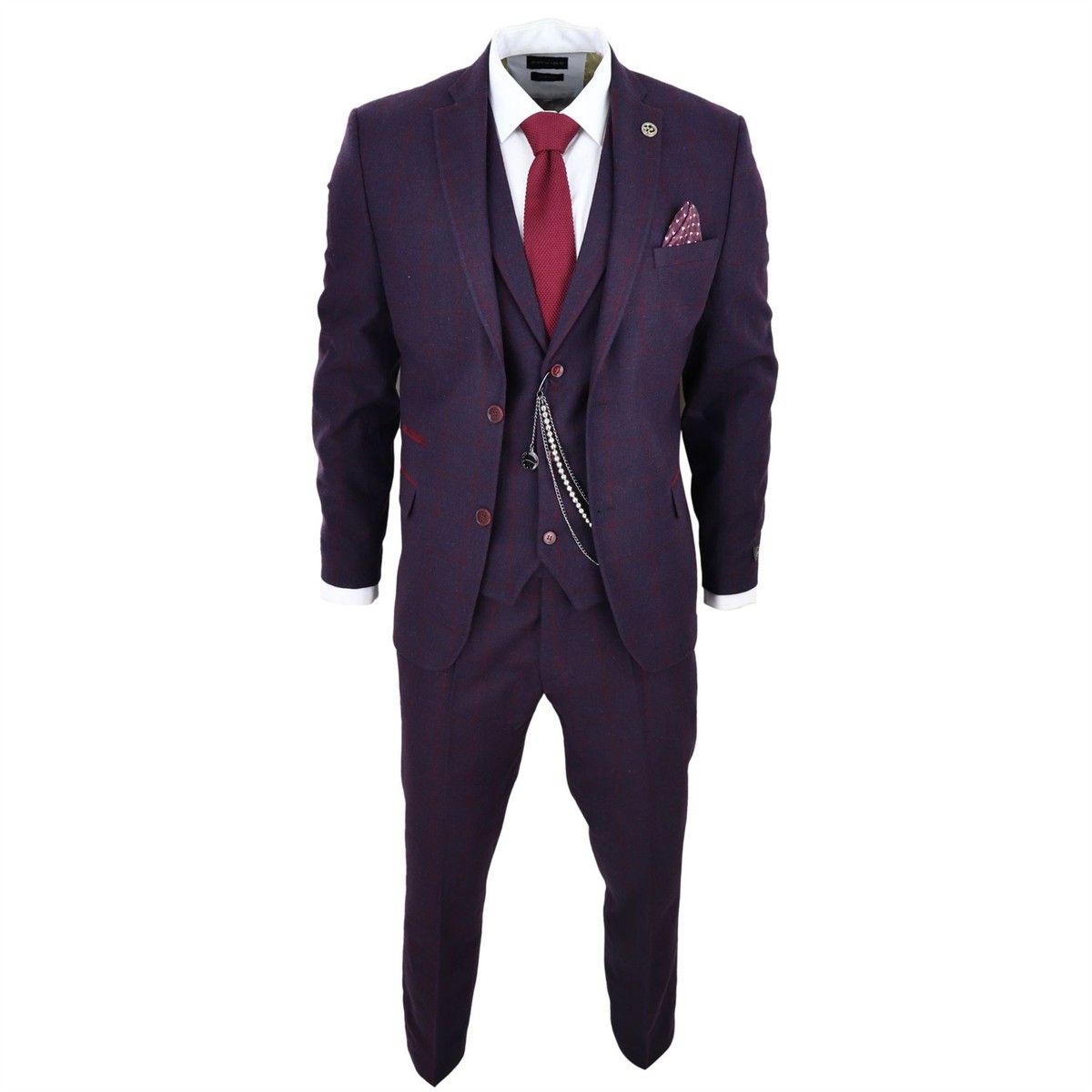 Herren 3 Teilig Anzug Wolle Tweed Pflaume Wein Karo 1920s Gatsby