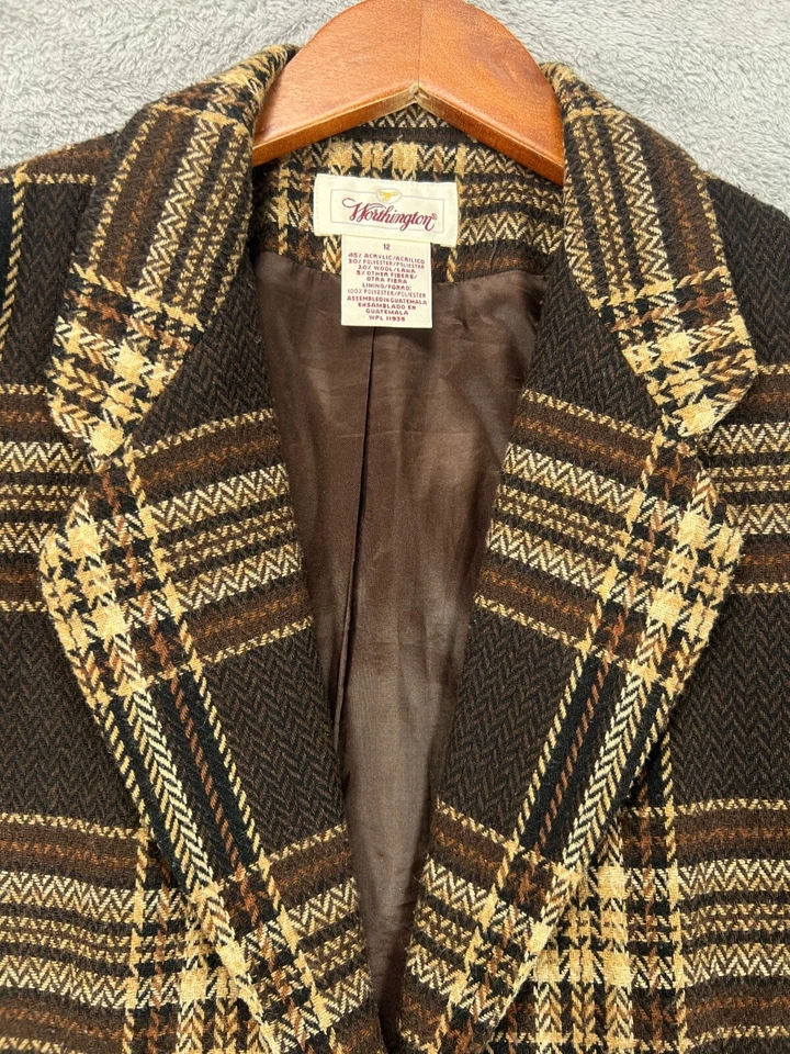 Blazer de tweed Worthington vintage para mujer 12 chaqueta de mezcla de lana a cuadros marrón tweed Foto 3 de 4
