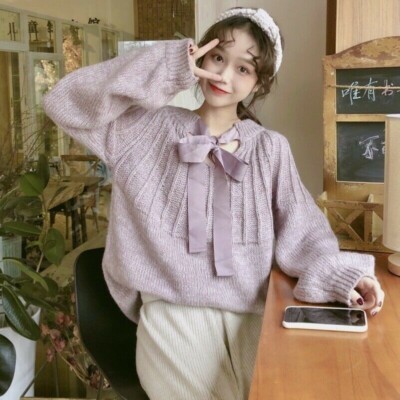 Damen Schnürpullover Strickpullover Oberteile Schleife süß Vintage locker Winter