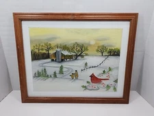 Y2k Original Oil Painting Signed ES Lundy Framed Winter Scene Cardinal Farm Vntg