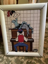 Vintage Framed Needlepoint Old Time Saloon Bar Dancer Piano Jazz Deco Burlesque