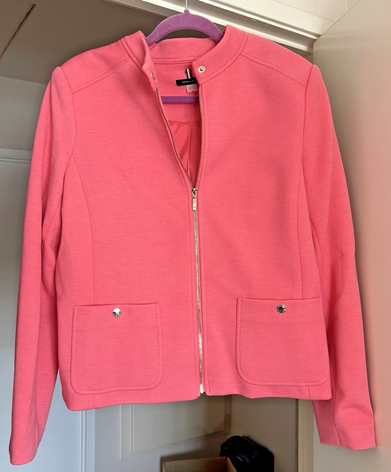 Tommy Hilfiger Pink Moto Style Blazer with Zip Cuffs Padded Shoulders Size 16