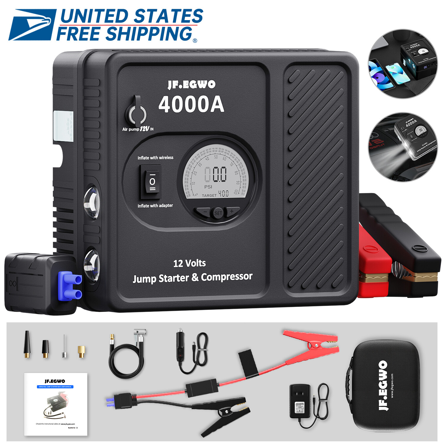 4000A Car Jump Starter Air Compressor Portable Power Bank Battery Charger 12V eBay