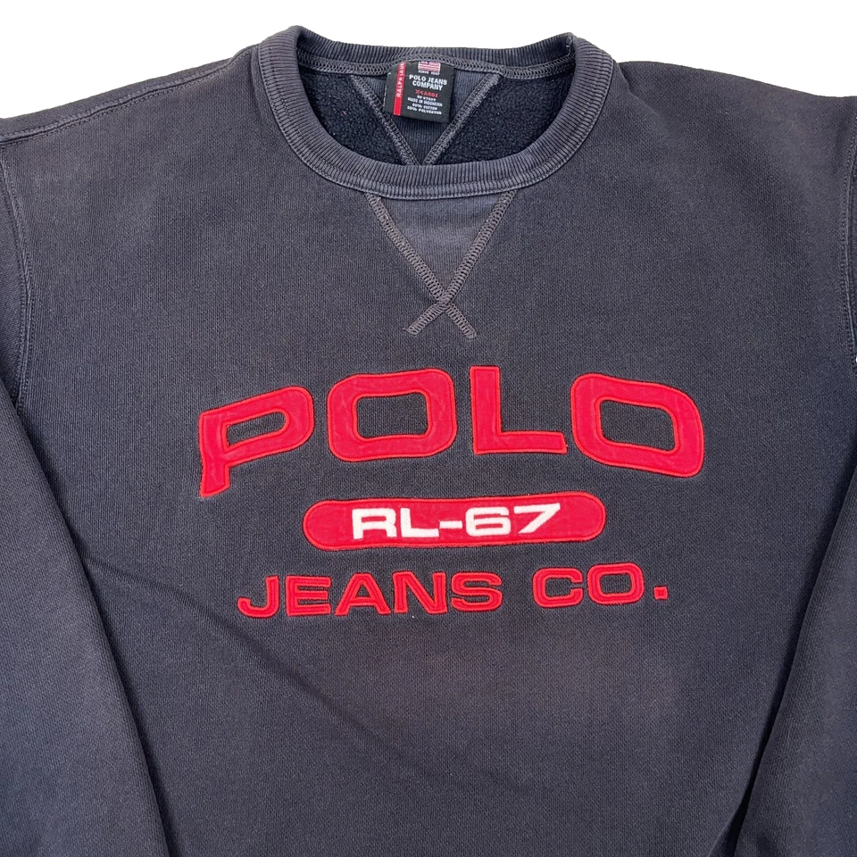 De colección Ralph Lauren Polo Jeans Sudadera Hombres XL Negro Cuello Redondo Desteñido Spellout Foto 2 de 4