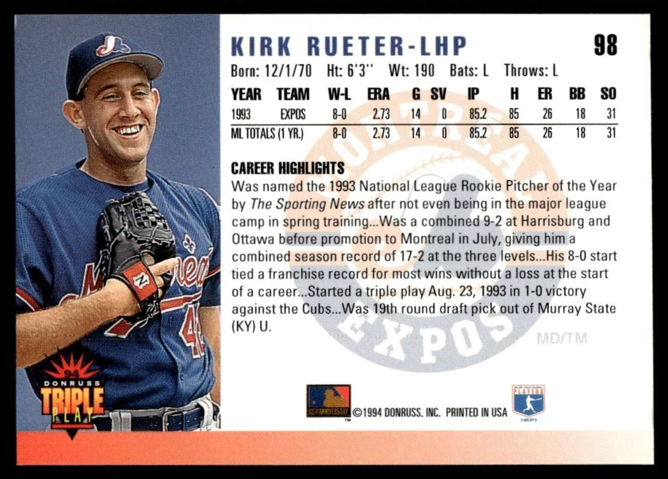 1994 Triple Play Kirk Rueter Montreal Expos #98 - Image 2 of 2