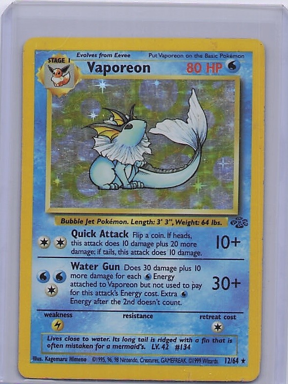 Vaporeon 12/64 Holo Rare Jungle Pokemon Unlimited Holo Heavily Played