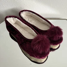 INC Dark Red Crushed Velvet Pom Pom Tinkerbell Lounge Cozy House Slippers NEW