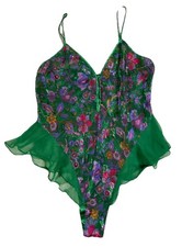 Vintage Victoria's Secret Bodysuit Lingerie Womens L Green Floral Ruffle Teddy