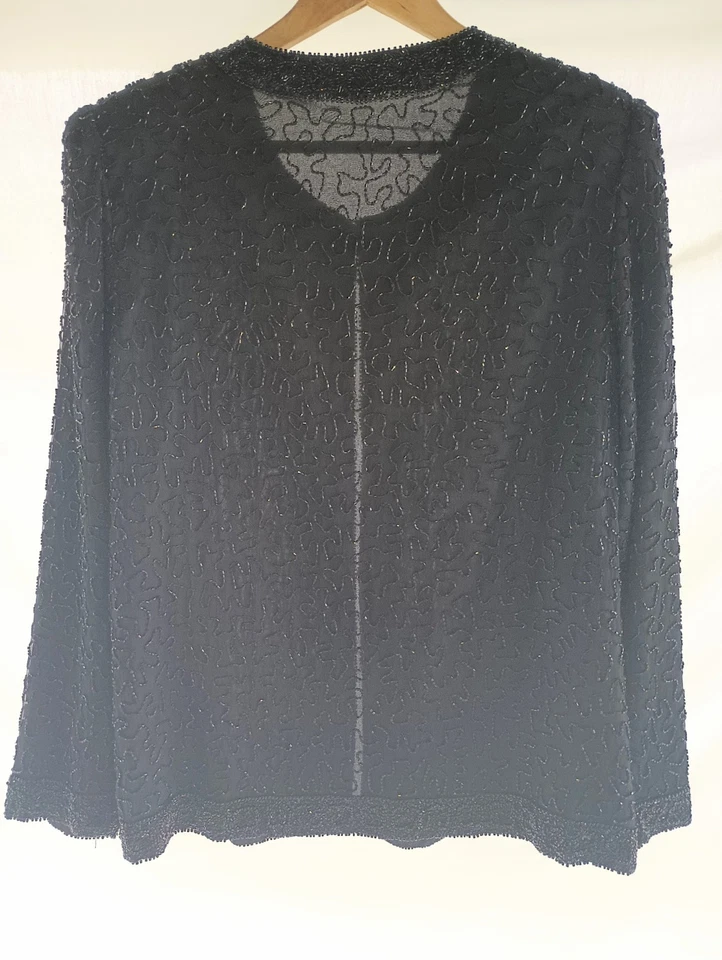 Chaqueta de seda vintage años 90 Laurence Kazar con cuentas negra mediana para mujer dinastía Gala Foto 2 de 4