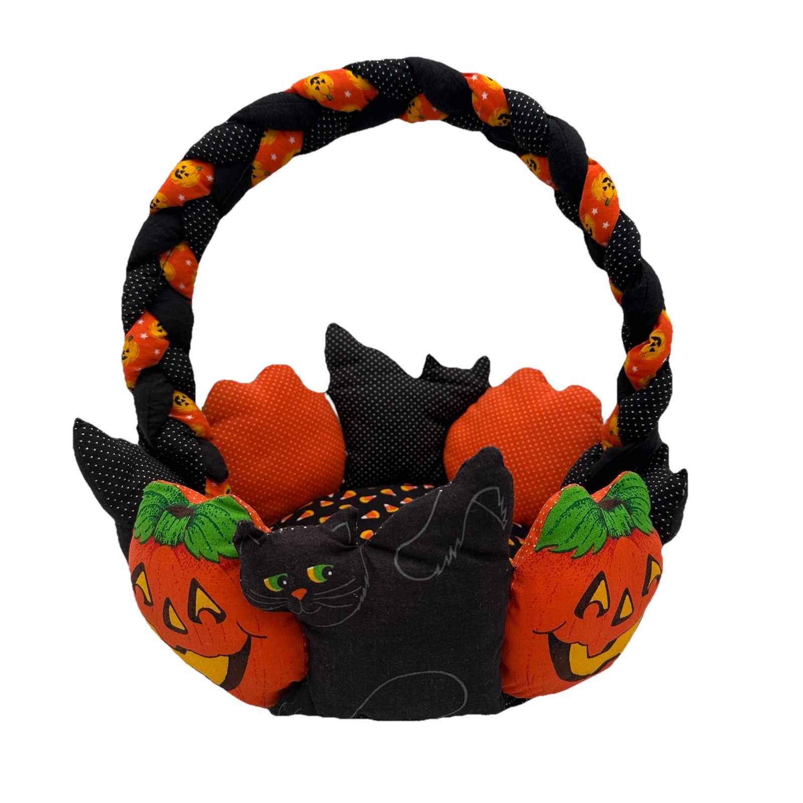 Vintage Fabric Panel Halloween Basket Candy Dish Jack O Lantern & Black Cats