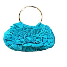 CACHE Evening Bag Clutch Purse Flower Puff Blue Prom Dance