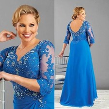 Elegant Blue Long Mother Of The Bride Dress V-Neck Lace Appliques Beaded Groom