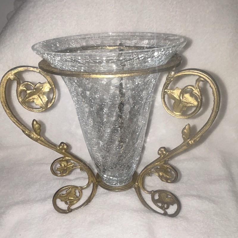 Clear Crackle Glass Trumpet Table Vase w/ Gold-Tone Floral Metal Stand Decor