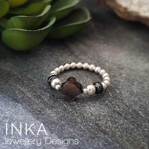 Sterling Silver & Hematite Clover Ring 925 Stretch Stacker Thumb Ring By INKA - Picture 2 of 6