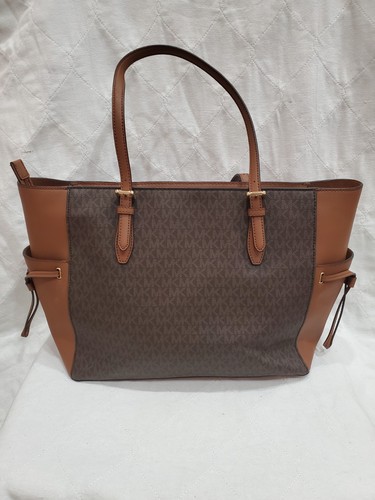 Michael Kors Gilly Travel MK Brown Large Drawstring Zip Top Tote Shoulder Bag - Picture 8 of 24