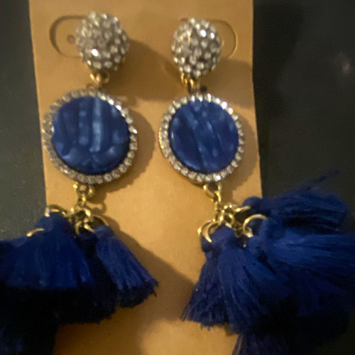 Gold Tone Blue Tassel Dangle/Drop Earrings w/ Clear Round Pavé Rhinestones