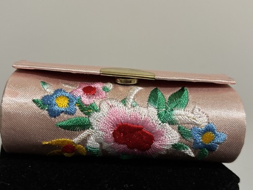 New Pink Floral Embroidered Lipstick Lip Stick Case Holder Box w Mirror Boho 3.5