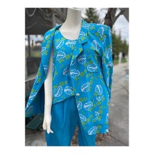 Alfred Sung Vintage 90s 100% Silk 3 Piece Dress Suit Turquoise Green Abstract