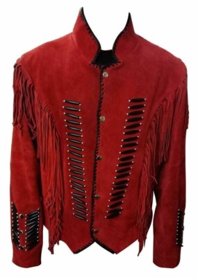 Women's Traditional Native American Western Suede Leather Jacket Fringed & Bones