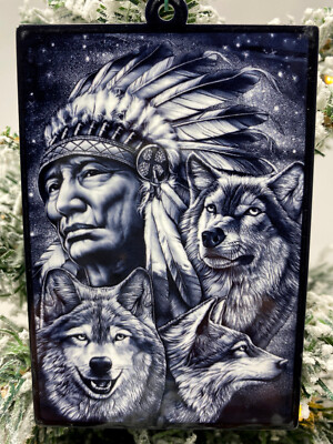 Native American Ornament Featuring Majestic Wolves and Indian Chief