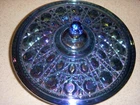 Vintage Carnival Glass Bowl Iridescent Blue Geometric Shapes 8"  Diameter w/Top