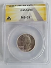 1935-S WASHINGTON SILVER QUARTER  MS-62 by ANACS