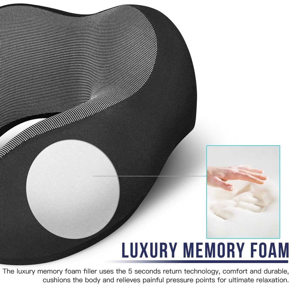 Travel Neck Pillow Set with Mask, Earplugs & Storage Bag - Black
