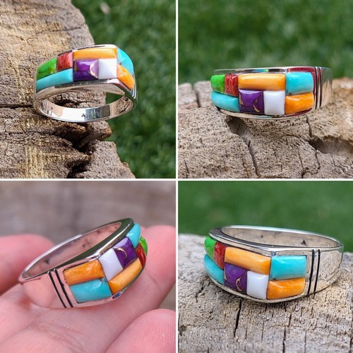 Sterling Silver Men's Navajo inlay colorful Turquoise ring signed Size ...
