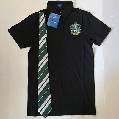 Women Jr's Harry Potter Black Polo With Tie Slytherin Symbol Shirt Size S