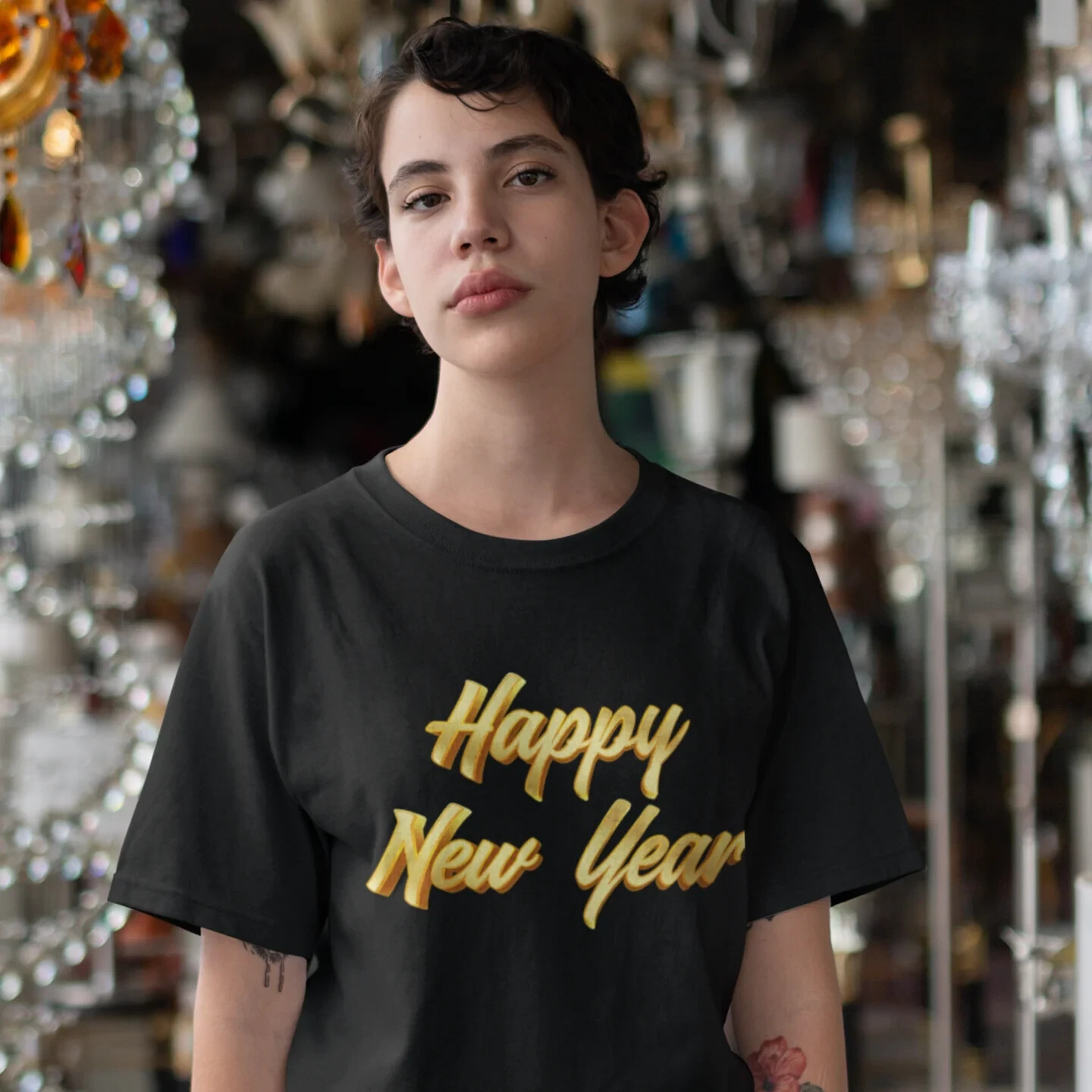 Women new year season special half sleeve comfort fit round neck T-Shirt.