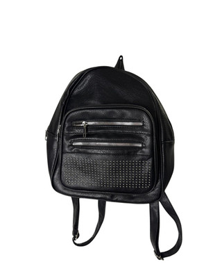 Rucksack Schwarz Damen Kunstleder Backpack Nieten Modern Tasche Reißverschluss