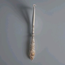 Antique Sterling Silver Button Hook   Victorian Floral Repouss  Handle 6 Inch