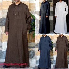 New Men Hooded Muslim Saudi Arab Long Sleeve Thobe Islamic Robe Solid Kaftan Top