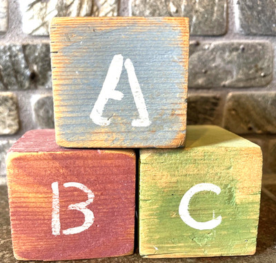 ABC Blocks Heathered Blue Red Green Decorative Set of 3 Shelf Sitters Wooden