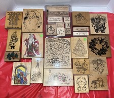 Large Lot Of 28 WOOD BLOCK RUBBER STAMPS Christmas New And Used