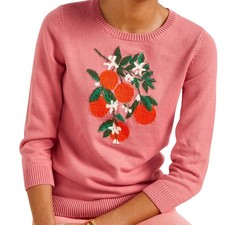 TALBOTS Bold Oranges Cotton Embroidered Crewneck Pullover Sweater L Petite Twee