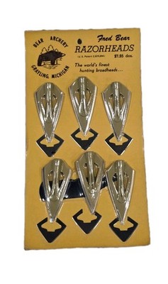 Fred Bear Archery 6 Razorheads Broadheads NOS New On Original Card- Grayling MI