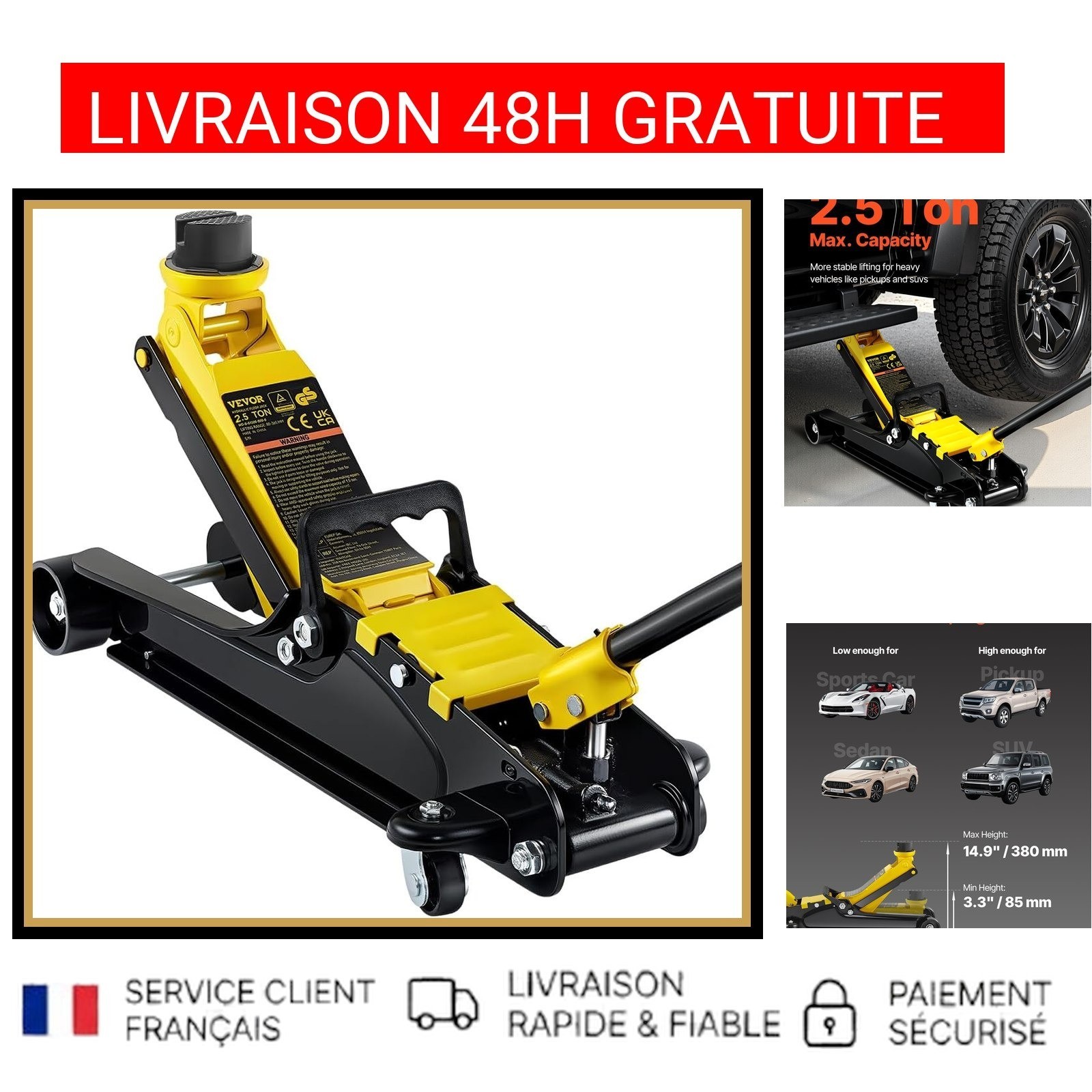 Cric hydraulique de levage VEVOR 2,5T pour le changement de pneus de SUV et camion