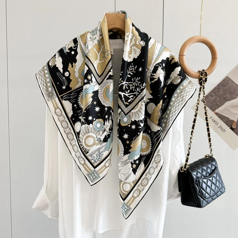 14 Momme Twill 100% Silk Mulberry Scarf 35'' Square Shawl Wrap Black Horse print