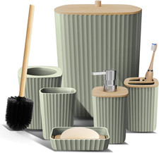 6 Piece Sage Green Bathroom Accessories Set with Toilet Brush Trash Can Soap