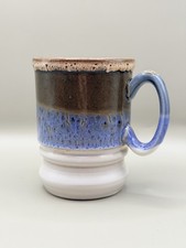 Studio Pottery Drip Glaze Mug Brown Blue Rustic Stoneware Made in England 10cm