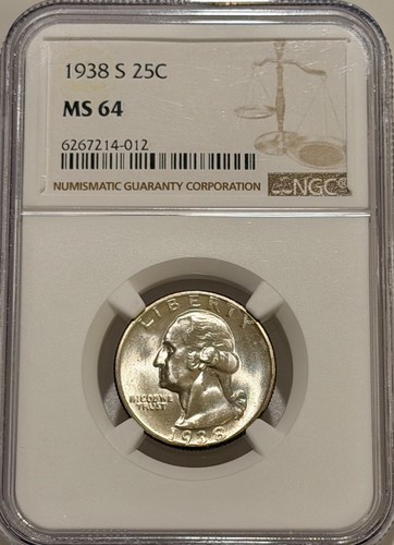 1938 S Washington Silver Quarter NGC MS64 Tougher Date Washington
