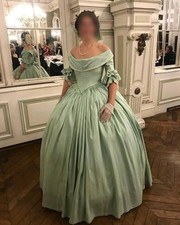 Mint Green Victorian Court Dresses Off Shoulder Bow Sleeve Satin Big Ball Gown