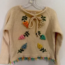 Vintage Wool Cardigan Sweater 50s 60s Embroidered grapes Large Cream Thayers 3D 