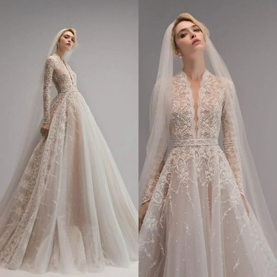 Elegant V Neck A Line Wedding Dresses Long Sleeve Lace Beaded Appliqued Bridal