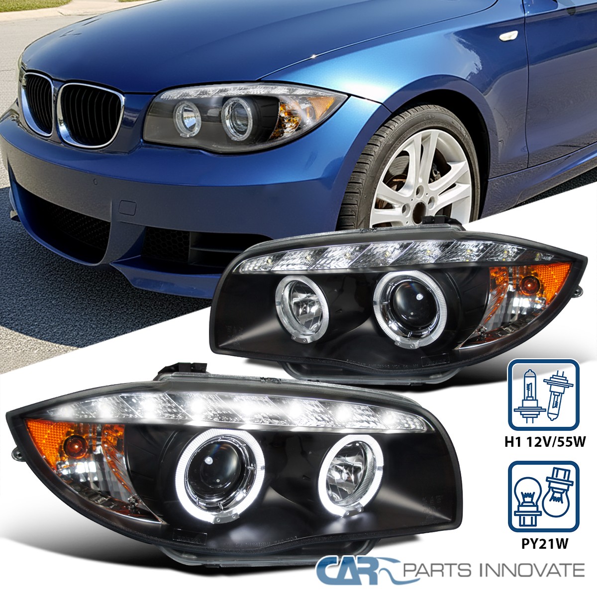 Fits 07-13 BMW E81 E82 E87 E88 1-Series LED Dual Halo Black
