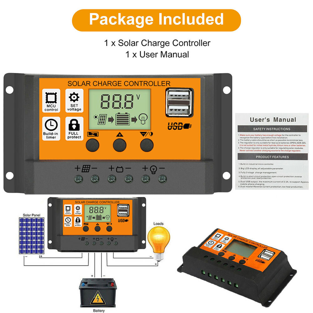 12/24V 100A PWM Solar Charge Controller Panel Battery Regulator Inverter USB