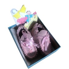 Vintage pink handmade leather baby moccasins with vintage card