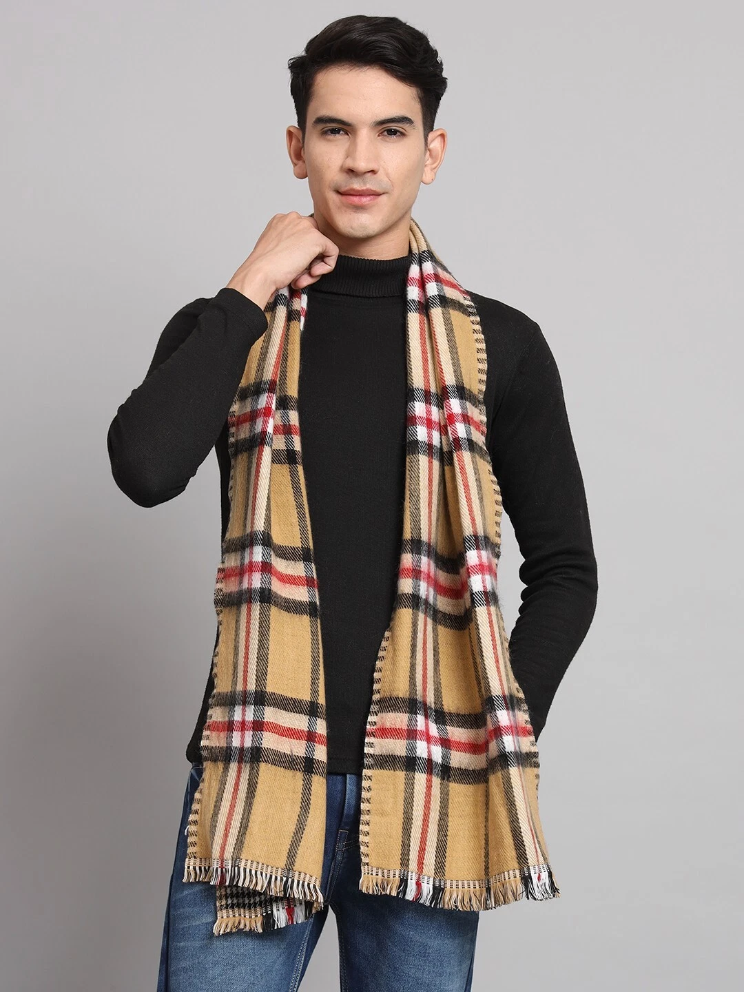 Winter Reversible Scarves 100% Cashmere Scarf Men Wrap Beige Checks Wool Muffler